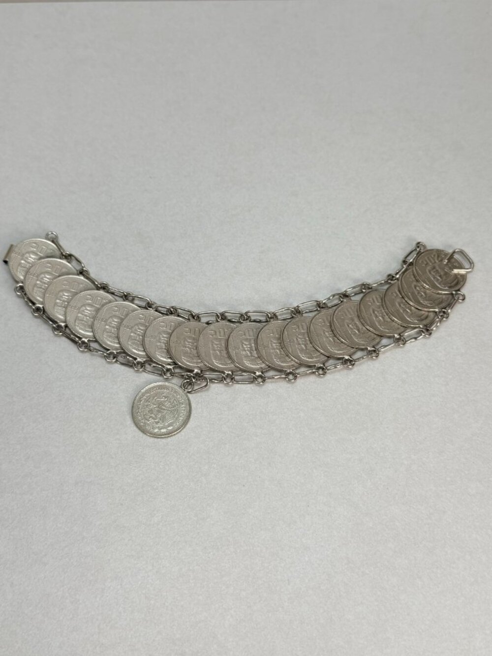 Vintage Mexican Coin Bracelet 20 Centavos Statement Link Bracelet Silver Tone